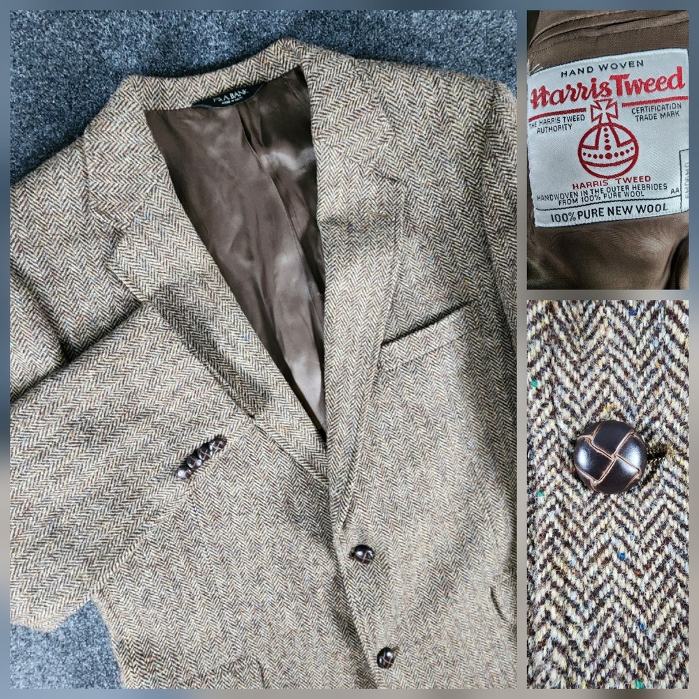 Harris Tweed Jos A Bank 46L Brown Speckled Herringbone Mens‎ Sport Coat Blazer